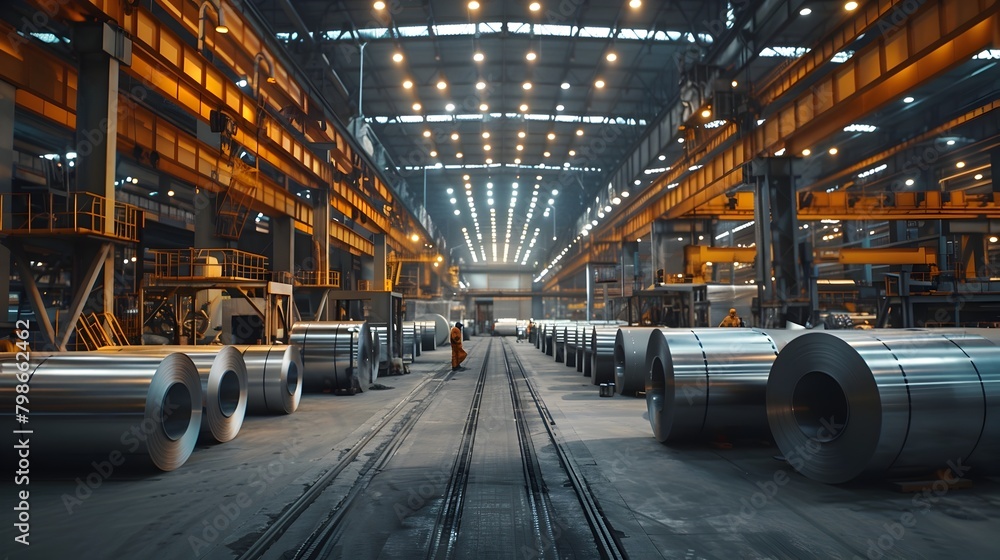 Dynamic Steel Factory Warehouse with Busy Production and Machinery Dynamic Steel Factory Warehouse with Busy Production and Machinery