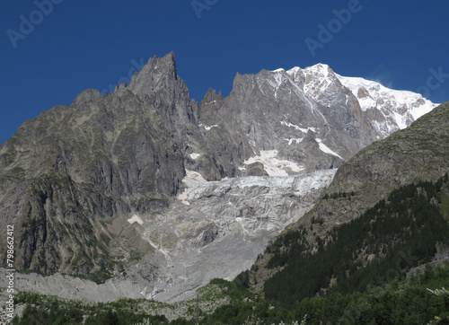 View of the Mont-Blanc (altitude: 4.810 m) during the summer from the Pointe Helbronner. Alps Chain Mountains. Border between Italy and France.