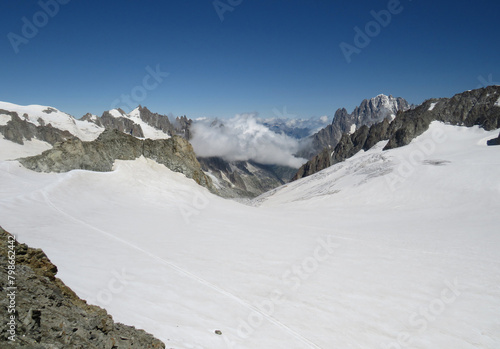 Landscape in the mountainsides of the Mont-Blanc during the summer from the Pointe Helbronner. Alps Mountains. Border between Italy and France.