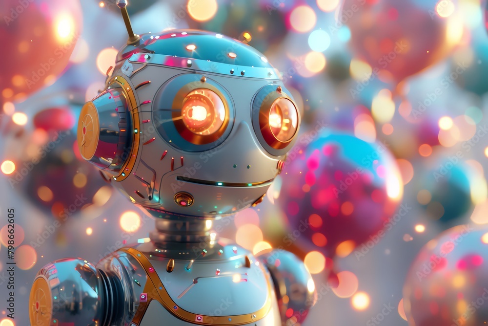 Capture the evolution of Robotics Advancements in a festive setting, blending intricate metallic details with vibrant party elements for a visually striking contrast Experiment with unexpected camera