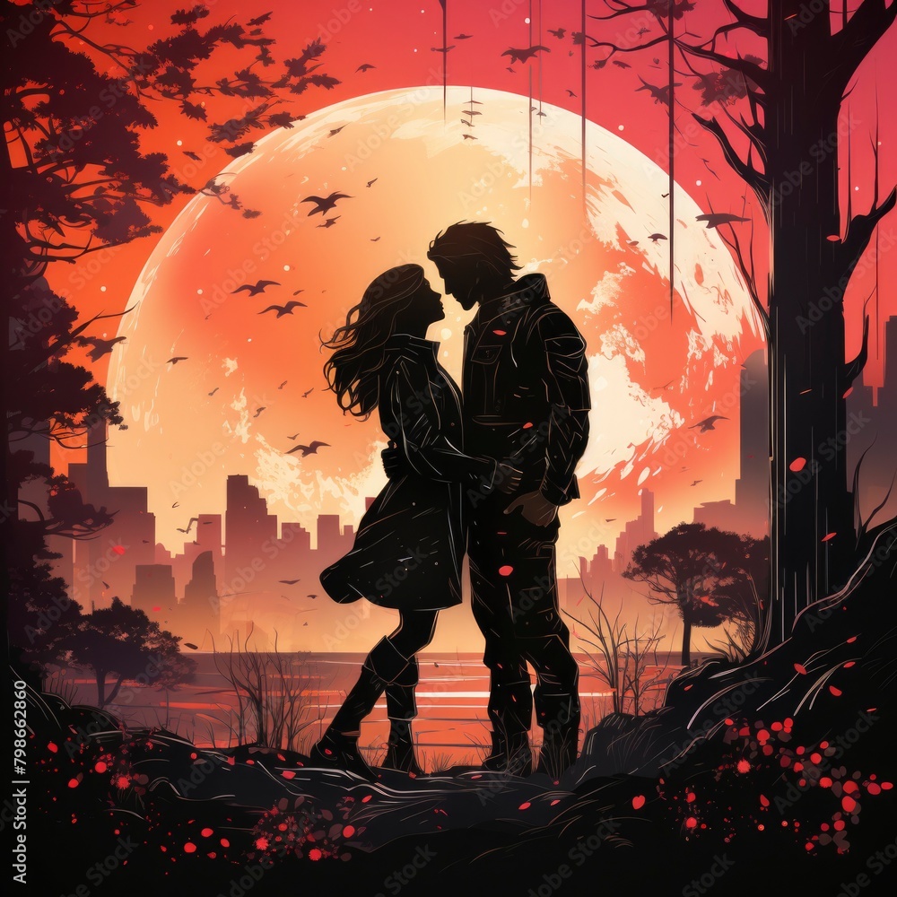 Romantic Couple Silhouette Against Vivid Sunset Sky - obrazy, fototapety, plakaty 