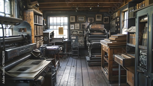 Vintage Print Shop with Old-Fashioned Printing Presses and Equipment photo