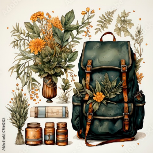 Vintage Backpack with Botanical Decor and Antique Books Illustration © NS