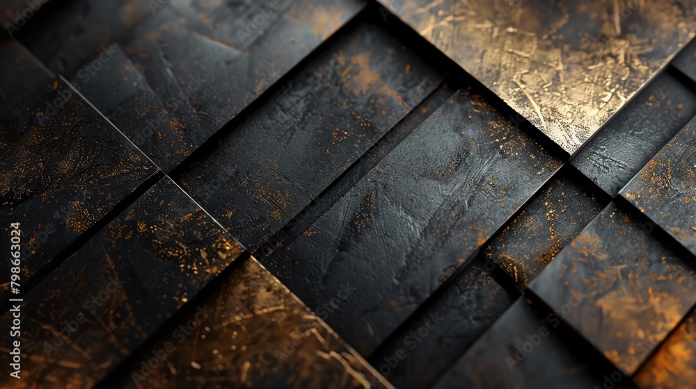 Sleek presentation slide featuring interlocking gold and black geometric shapes against a dark backdrop, embodying luxury and sophistication Sleek presentation slide featuring interlocking gold and black geometric shapes against a dark backdrop, embodying luxury and sophistication
