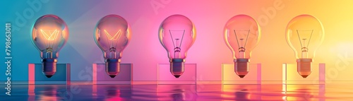 Sleek 3D model of lightbulbs in a seethrough rectangular case, set against a multicolored pastel gradient, for a clean and modern look at electrical innovation photo