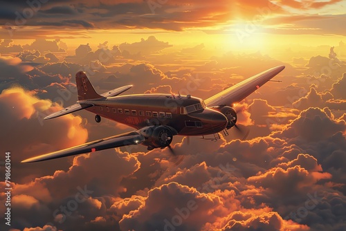 Craft a digital masterpiece depicting a vintage aircraft soaring into the sunset, seamlessly blending photorealistic details with a touch of nostalgia, reminiscent of classic aviation milestones photo