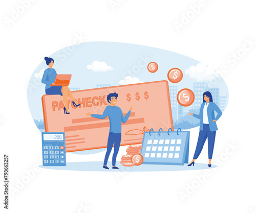 Salary and payroll concept. Vector of employees, calendar with payday and a paycheck. flat vector modern illustration