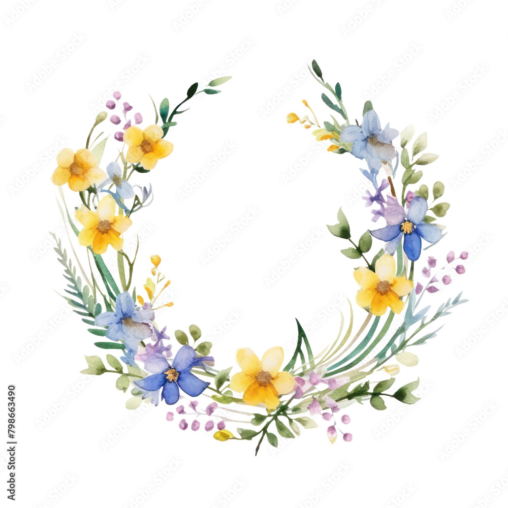 A watercolor painting of a wreath of blue, yellow, and purple flowers. A watercolor painting of a wreath of blue, yellow, and purple flowers.