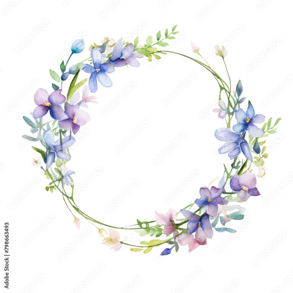 A watercolor painting of a wreath of blue, purple, and pink flowers.