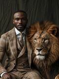 A dapper gentleman strikes a relaxed yet striking pose alongside a majestic lion, showcasing a laidback yet fashionable look in a highend photography studio