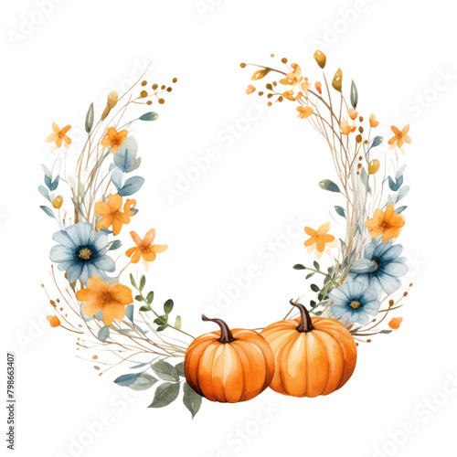 A watercolor painting of a wreath made of twigs, leaves, and flowers in fall colors, with two pumpkins at the bottom.