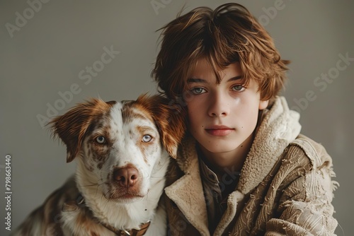 A casually cool boy channels a fashionforward vibe while playfully posing with a friendly dog, capturing a relaxed yet stylish aesthetic in a professional photography studio photo