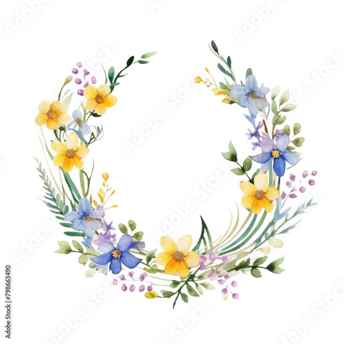 A watercolor painting of a wreath of blue, yellow, and purple flowers. © Samita