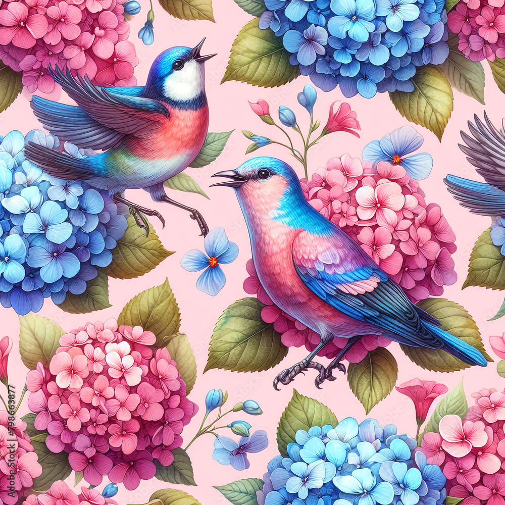 illustration with birds and hydrangea, for printing on clothes, print, graphics,t-shirt