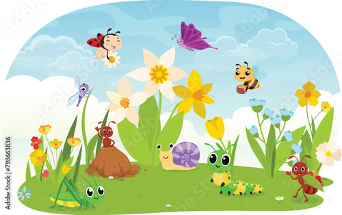 Cartoon Insects in the garden, snail, bees, ladybug, grasshopper, dragonfly, caterpillar and ant 
