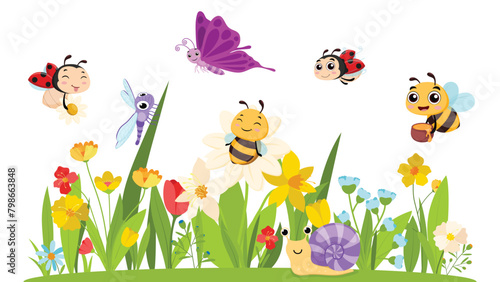 Cartoon Insects in the garden, snail, bees, ladybug, grasshopper, dragonfly, caterpillar and ant 