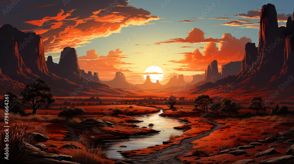 A River Flowing Through The Territory Of The Wild West.  Illustration On The Theme Of Nature And Landscapes. Generative AI	
