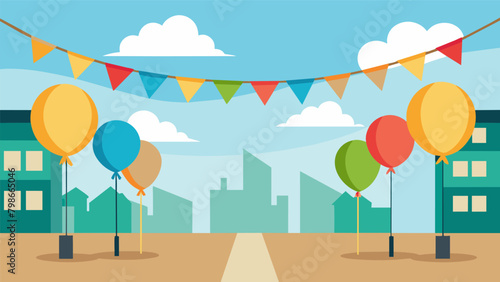 Decorative banners and balloons strung across the street adding a cheerful touch to the festivities.. Vector illustration