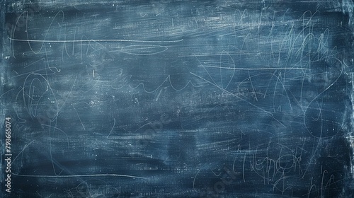 Abstract blue chalkboard background with scribbles and scratches photo