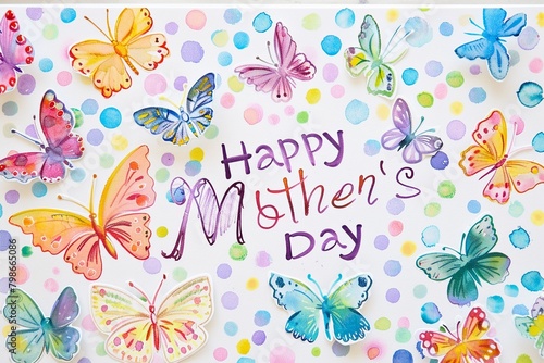 Happy Mother's Day greeting card design concept with flock of butterfly children painting. © illust_unicorn