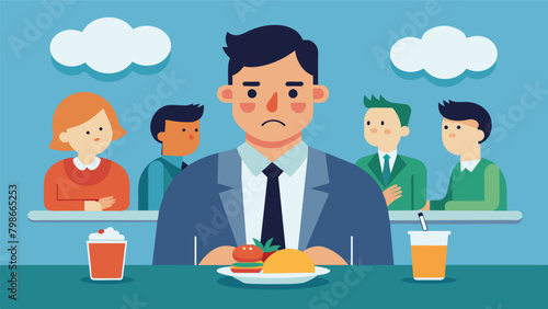 An adult struggling to understand and follow social cues during a work lunch causing them to appear rude or disinterested.. Vector illustration