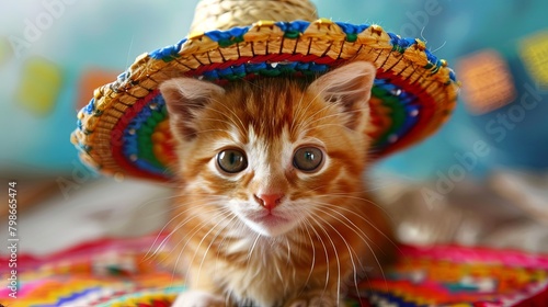 Cute ginger kitten wearing a colorful sombrero hat