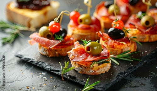 Gourmet appetizers with smoked salmon, olives, and herbs