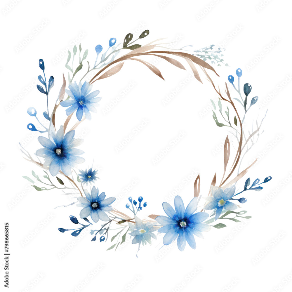 A watercolor painting of a wreath of blue flowers.