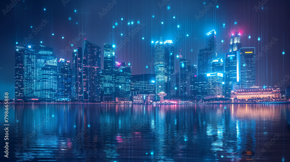 Fototapeta premium Modern cityscape and communication network concept. (Internet of Things). ICT (Information communication Technology). 5G. Smart city. Digital transformation.