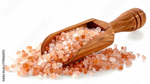 Himalayan salt crystals in wooden scoop isolated on white background