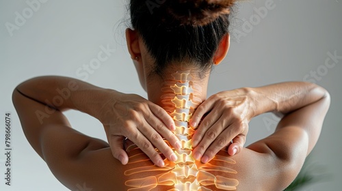 Woman experiencing neck pain with highlighted spine © volga