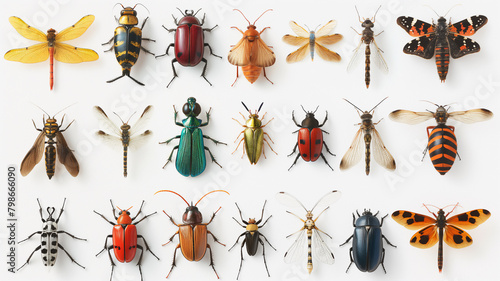 A diverse collection of colorful insects displayed on a white background, showcasing entomological variety.