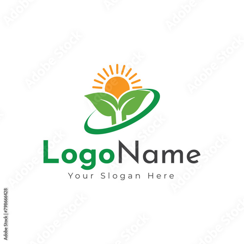 Green agro logo with fields and leaves. Logo design, farm logo design