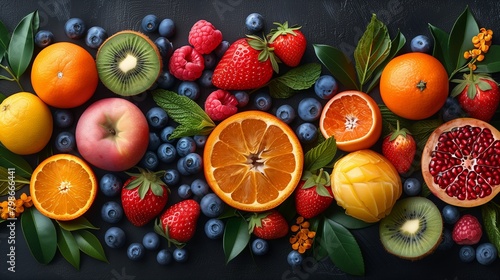 Vibrant summer background pattern of colorful tropical fruits.