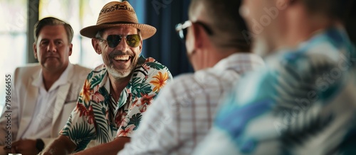 latin man in tropical shirt talking smiling © carballo