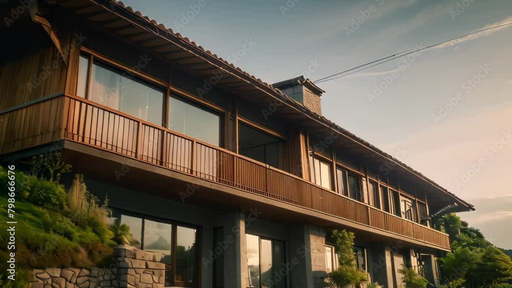 Video animation of modern residential house nestled on a hillside. The house features large glass windows, allowing abundant natural light to flood the interior Video animation of modern residential house nestled on a hillside. The house features large glass windows, allowing abundant natural light to flood the interior
