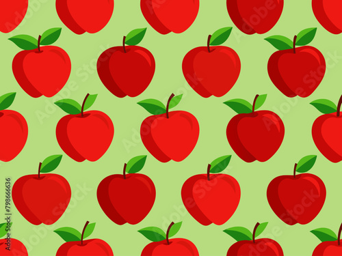 Seamless vector pattern with red apples on a green background.