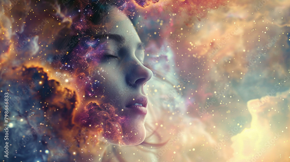 Open up your universe. Photo of young girl against the backdrop of outer space. Double exposure. Open up your universe. Photo of young girl against the backdrop of outer space. Double exposure.