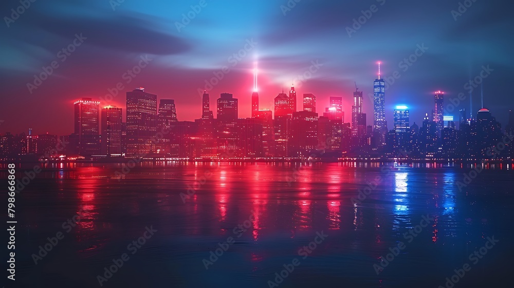 A neon-lit USA flag casting a radiant glow over a cityscape at night, blending patriotic symbolism with a contemporary, energetic aesthetic. A neon-lit USA flag casting a radiant glow over a cityscape at night, blending patriotic symbolism with a contemporary, energetic aesthetic.