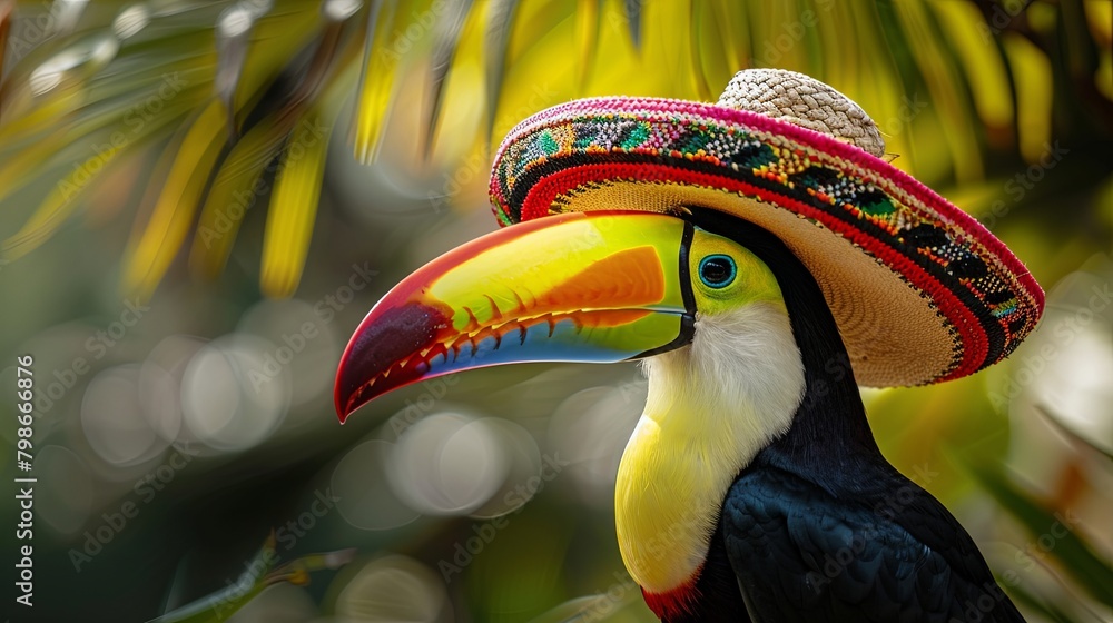 Naklejka premium Colorful toucan in a festive sombrero against lush green backdrop
