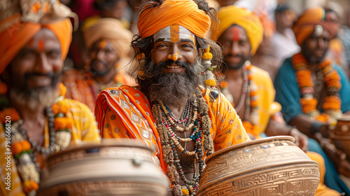 A senior Muslim man smiles joyfully at a festival, immersed in the tradition of drum music and face paint. Experience the happiness of indigenous cultures and lifestyle celebrations.