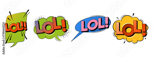 Comic sound speech effect bubble set in trendy retro style. Lol text.