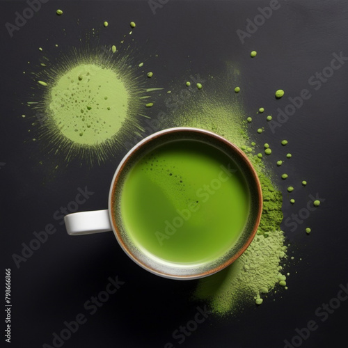 Top view of green matcha tea drink in a cup and scattered finely ground matcha tea powder around the cup on the surface against a black background close up.