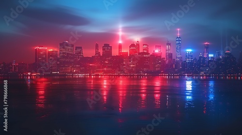 A neon-lit USA flag casting a radiant glow over a cityscape at night, blending patriotic symbolism with a contemporary, energetic aesthetic.