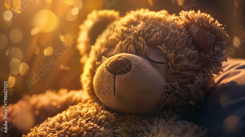 teddy bear with closed eyes and a serene expression its plush form enveloped in a gentle embrace exuding a sense of tranquility and inner peace that is both comforting and reassuring to behold. photo