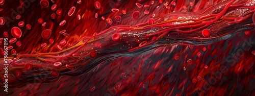A cross-section of a human artery with flowing red blood cells and visible layers of tissue (realistic or artistic style).