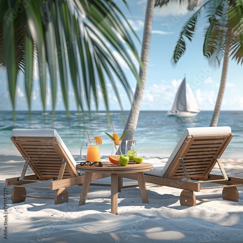 A woman is sitting on a beach chair with a drink in front of her