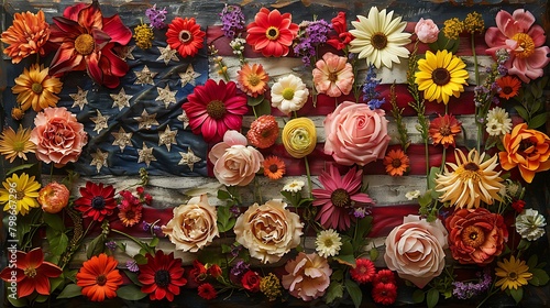 A picturesque floral USA flag, where nature and patriotism blend in a display of flowers that symbolize the country’s organic beauty and growth.