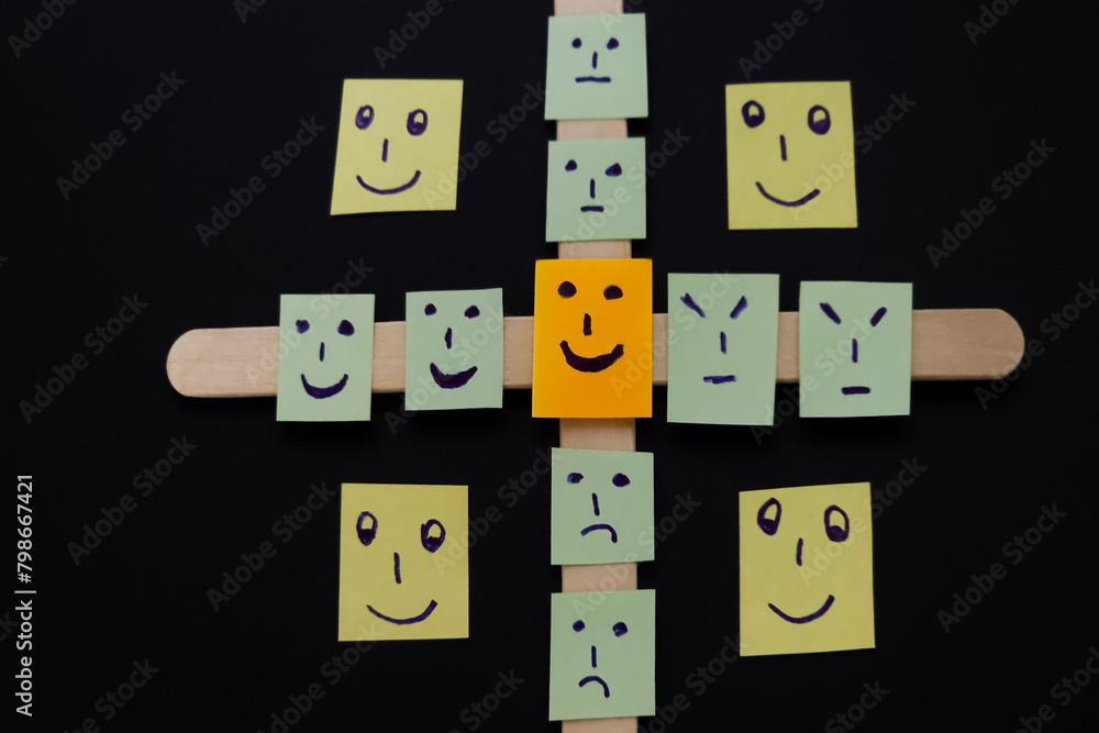 Fototapeta premium concept for positive attiude with sall office notes with multiple face with blackground,attitude ,emotional.