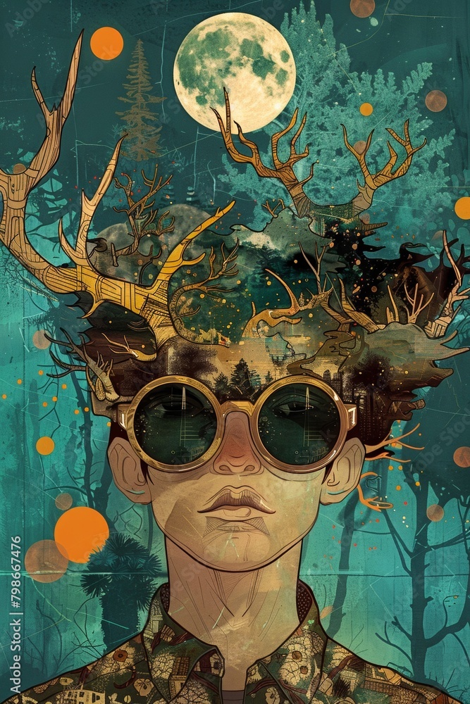 Surreal depiction of a nocturnal forest scene reflected in a young man's sunglasses.
 - obrazy, fototapety, plakaty 
